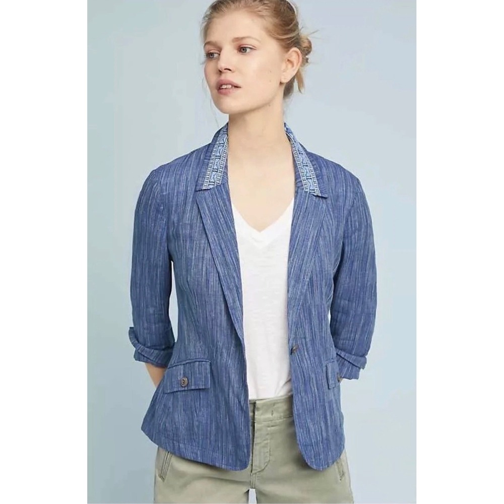 Anthropologie Cartonnier Blue Embroidered Collar Blazer Jacket Womens 10 Indigo